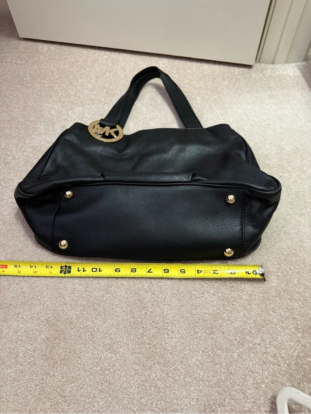 Michael Kors Black Leather Shoulder Tote with Gold MK Charm